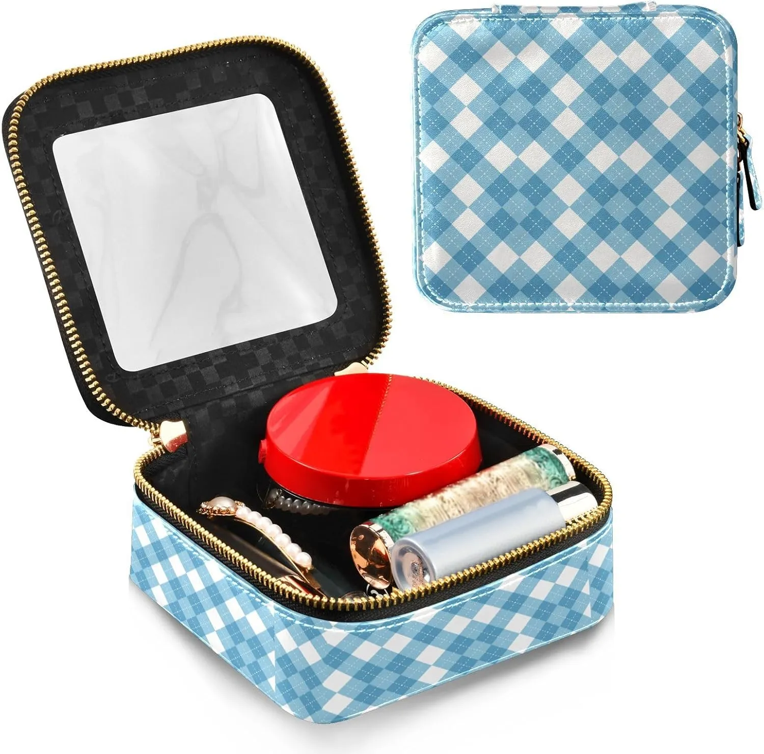 Clear Makeup Bag Small Cosmetic Bags Leather Travel Toiletry Bag with Zipper Mini Waterproof Make Up Brush Pouch Purse Organizer for Women Men Blue and White Checkered