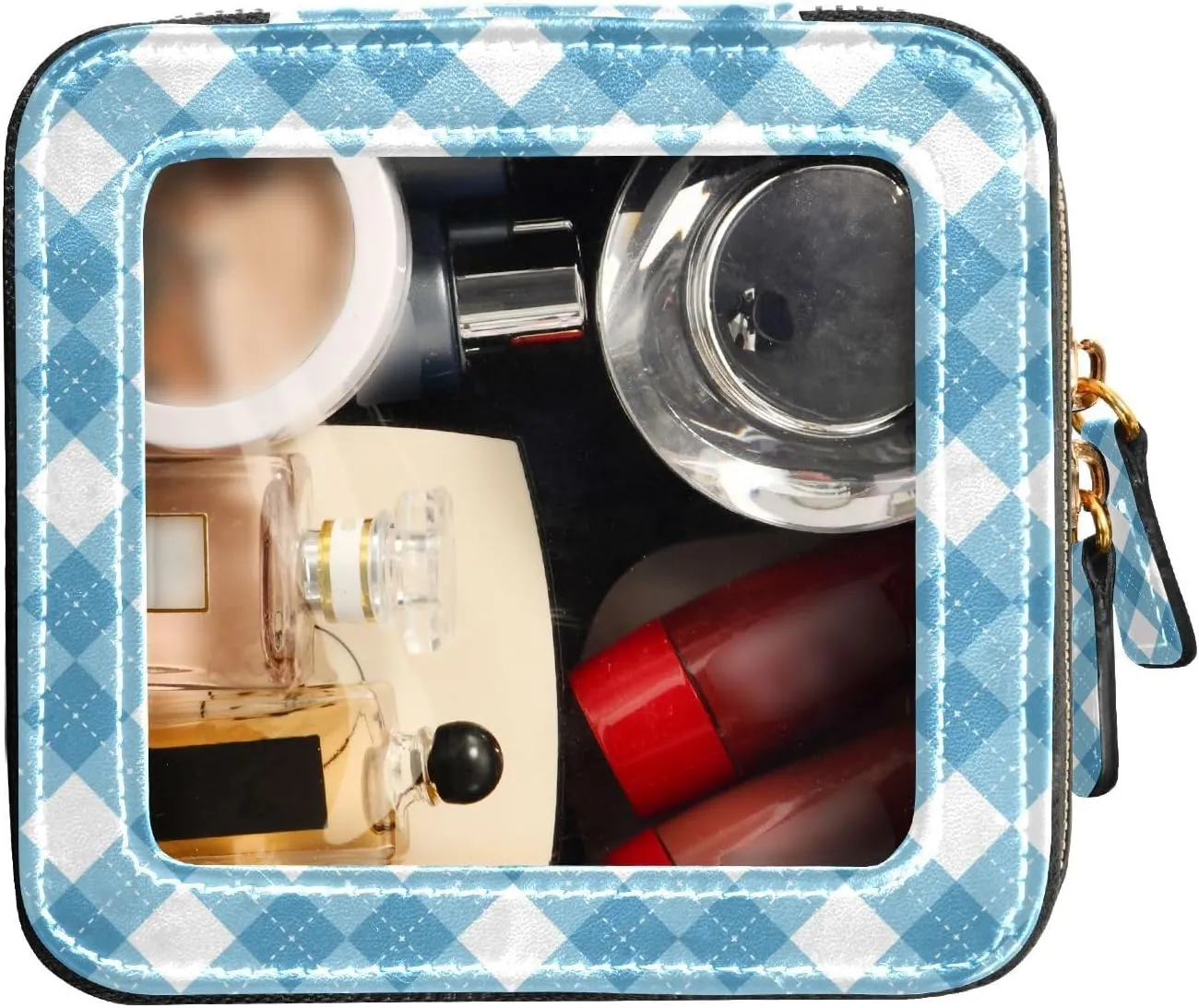 Clear Makeup Bag Small Cosmetic Bags Leather Travel Toiletry Bag with Zipper Mini Waterproof Make Up Brush Pouch Purse Organizer for Women Men Blue and White Checkered