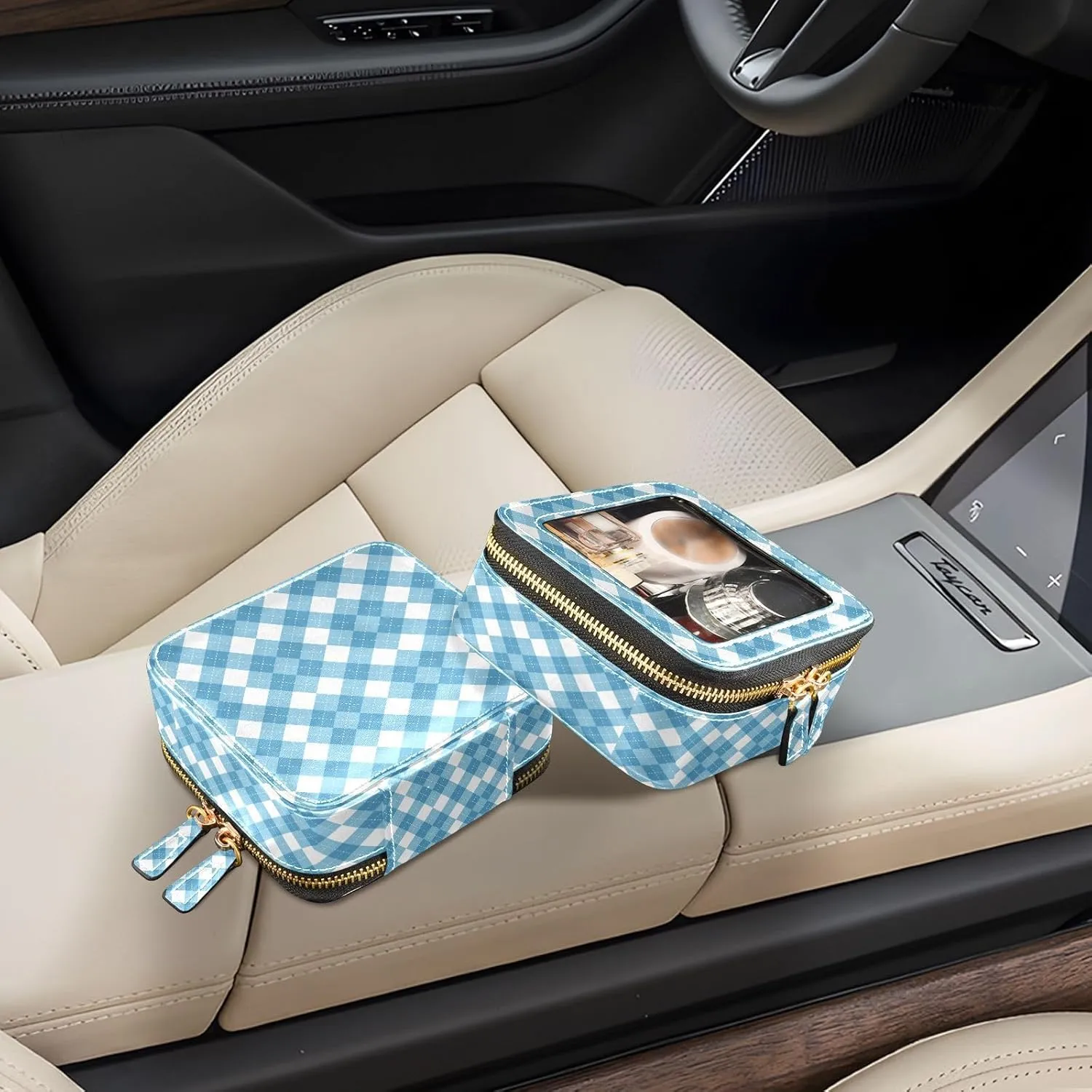 Clear Makeup Bag Small Cosmetic Bags Leather Travel Toiletry Bag with Zipper Mini Waterproof Make Up Brush Pouch Purse Organizer for Women Men Blue and White Checkered