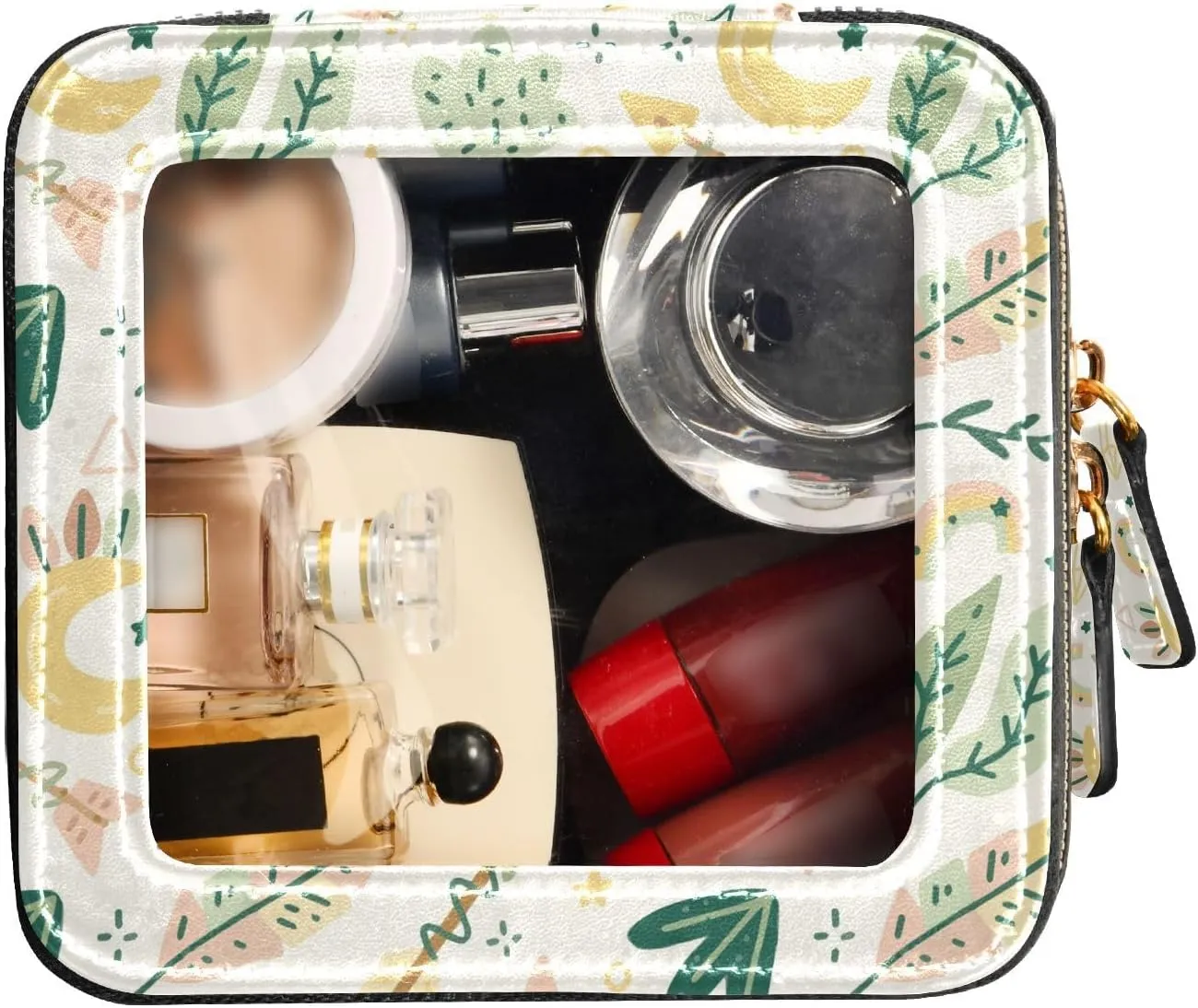 Clear Makeup Bag Small Cosmetic Bags Leather Travel Toiletry Bag with Zipper Mini Waterproof Make Up Brush Pouch Purse Organizer for Women Men Boho Leaves Arrow