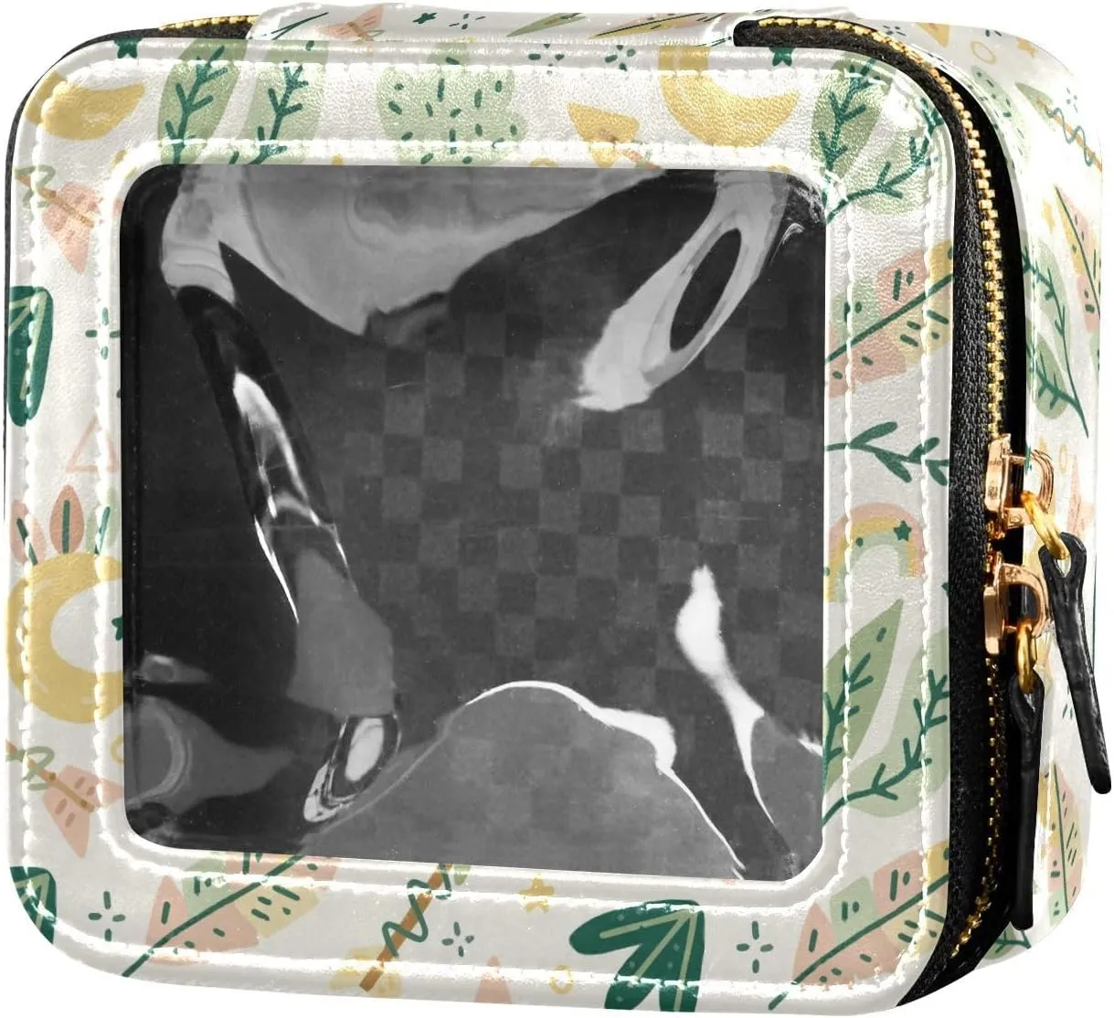 Clear Makeup Bag Small Cosmetic Bags Leather Travel Toiletry Bag with Zipper Mini Waterproof Make Up Brush Pouch Purse Organizer for Women Men Boho Leaves Arrow