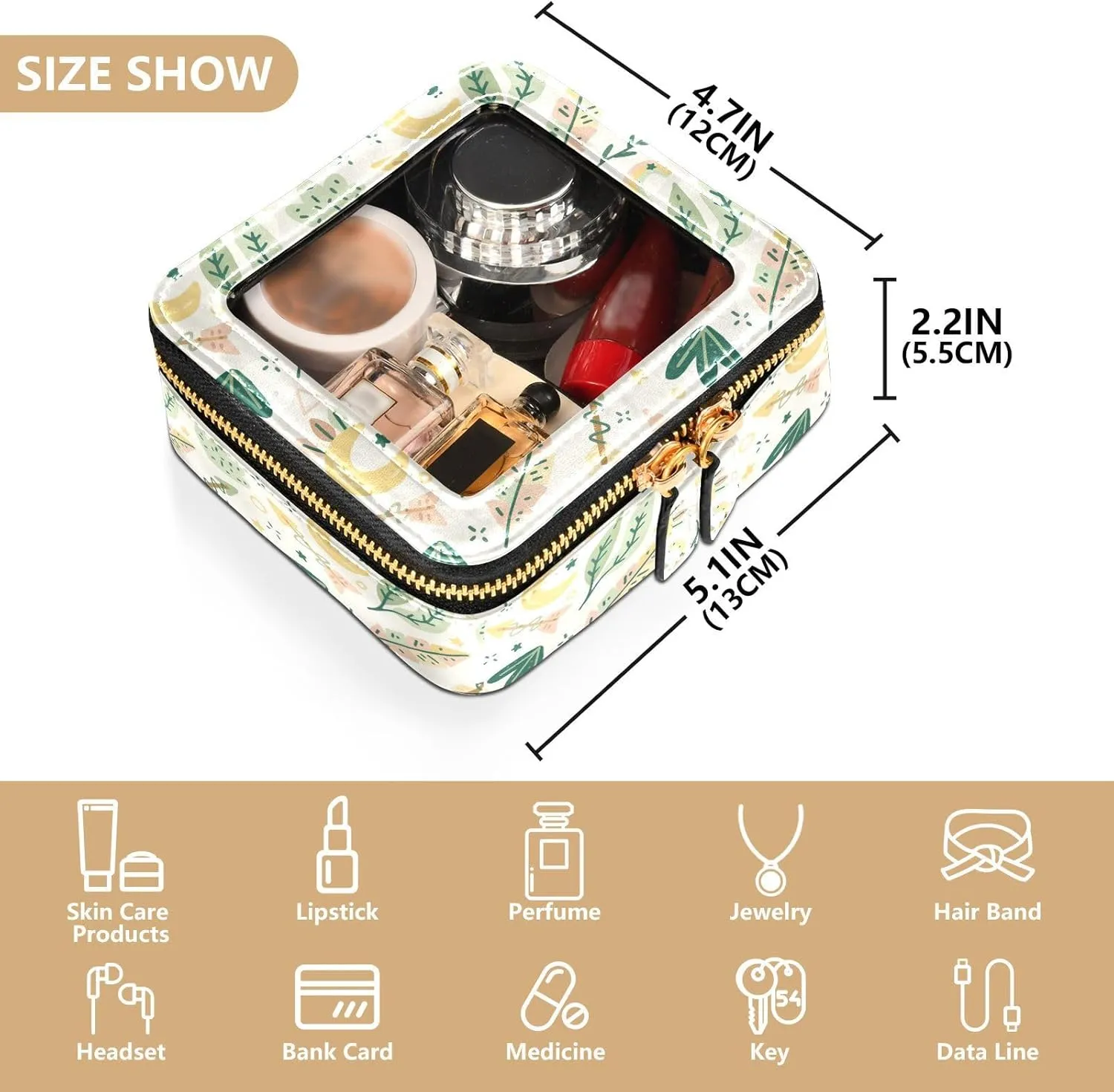 Clear Makeup Bag Small Cosmetic Bags Leather Travel Toiletry Bag with Zipper Mini Waterproof Make Up Brush Pouch Purse Organizer for Women Men Boho Leaves Arrow