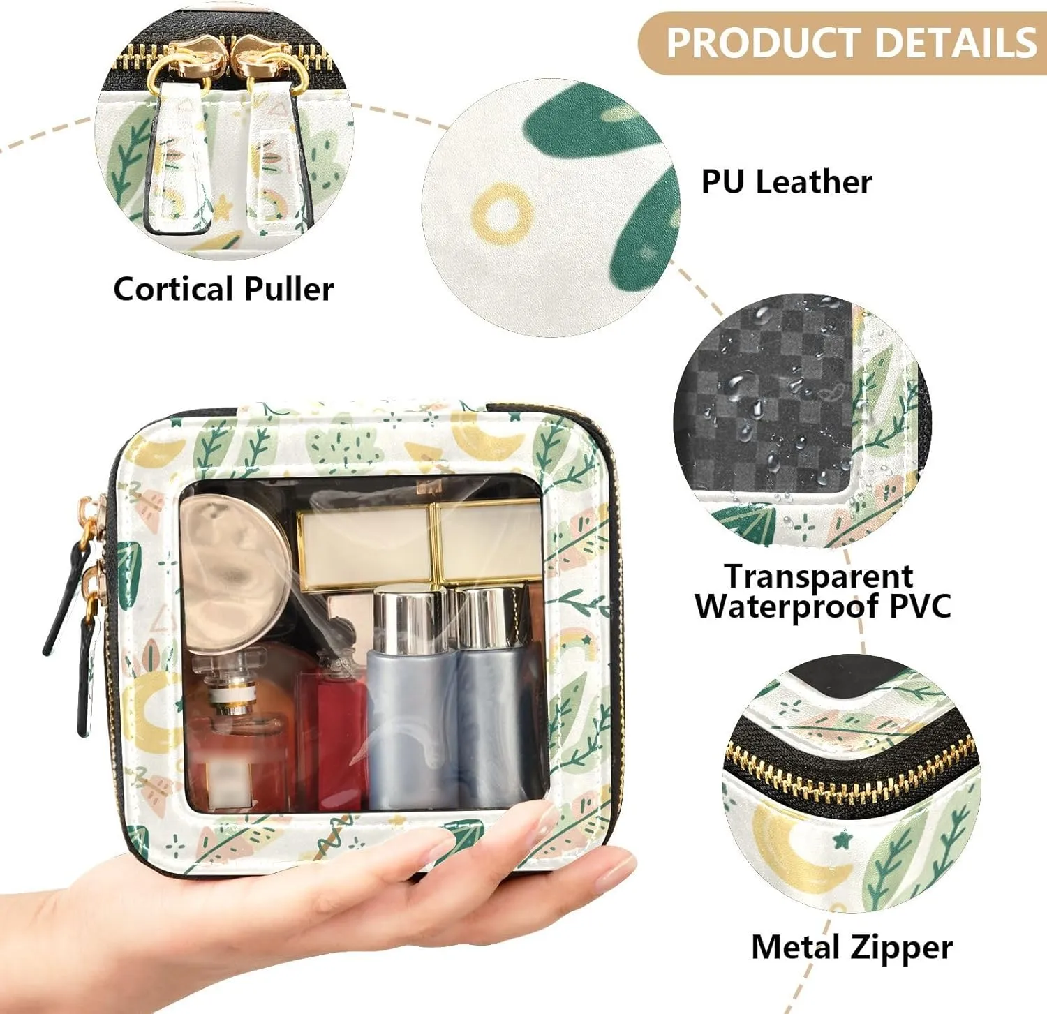 Clear Makeup Bag Small Cosmetic Bags Leather Travel Toiletry Bag with Zipper Mini Waterproof Make Up Brush Pouch Purse Organizer for Women Men Boho Leaves Arrow
