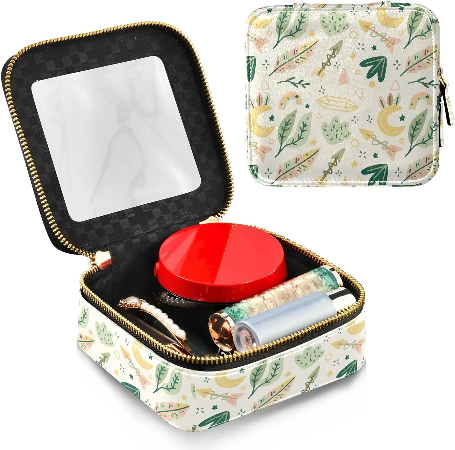 Clear Makeup Bag Small Cosmetic Bags Leather Travel Toiletry Bag with Zipper Mini Waterproof Make Up Brush Pouch Purse Organizer for Women Men Boho Leaves Arrow