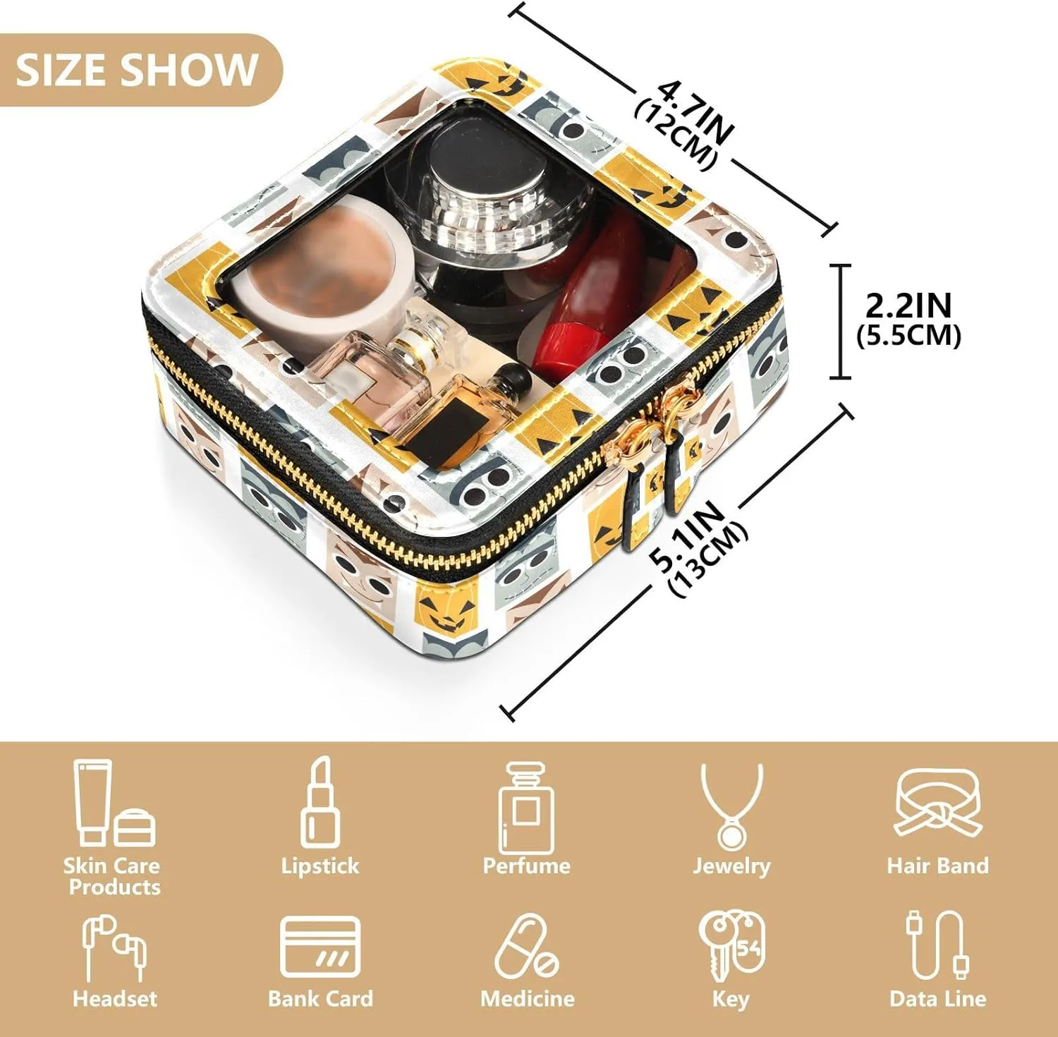Clear Makeup Bag Small Cosmetic Bags Leather Travel Toiletry Bag with Zipper Mini Waterproof Make Up Brush Pouch Purse Organizer for Women Men Cartoon Halloween Funny Checkered Faces
