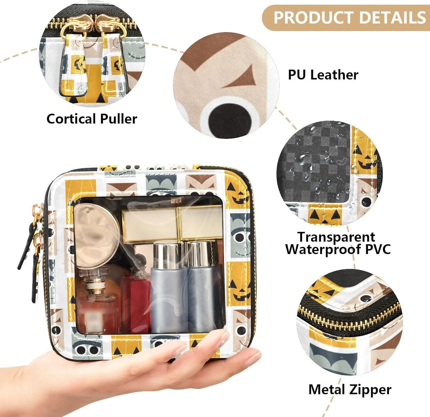 Clear Makeup Bag Small Cosmetic Bags Leather Travel Toiletry Bag with Zipper Mini Waterproof Make Up Brush Pouch Purse Organizer for Women Men Cartoon Halloween Funny Checkered Faces