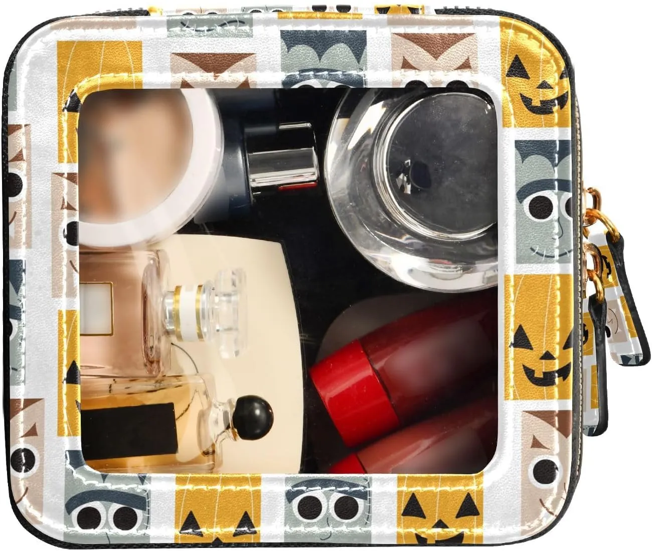 Clear Makeup Bag Small Cosmetic Bags Leather Travel Toiletry Bag with Zipper Mini Waterproof Make Up Brush Pouch Purse Organizer for Women Men Cartoon Halloween Funny Checkered Faces