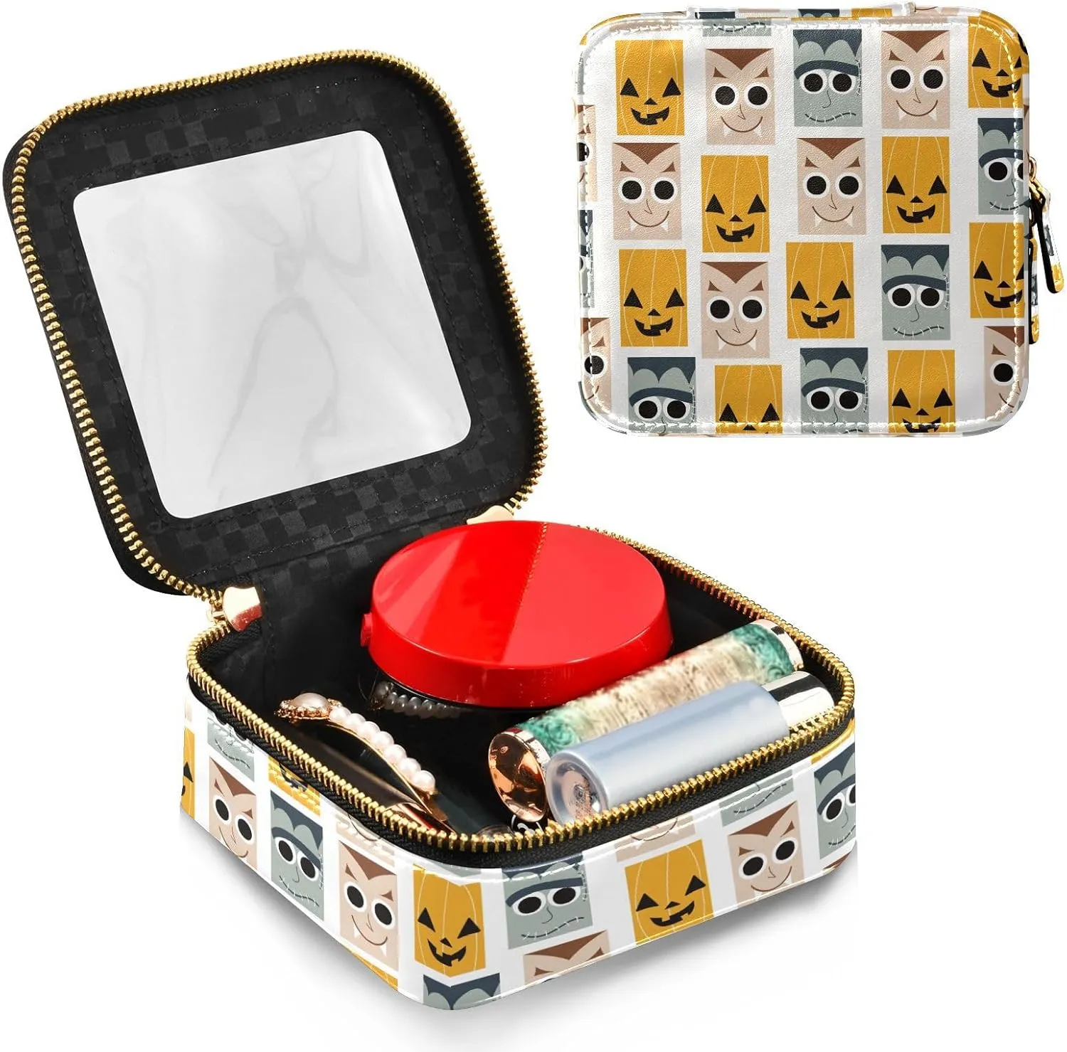 Clear Makeup Bag Small Cosmetic Bags Leather Travel Toiletry Bag with Zipper Mini Waterproof Make Up Brush Pouch Purse Organizer for Women Men Cartoon Halloween Funny Checkered Faces