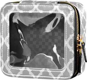 Clear Makeup Bag Small Cosmetic Bags Leather Travel Toiletry Bag with Zipper Mini Waterproof Make Up Brush Pouch Purse Organizer for Women Men Graphic Gray and White