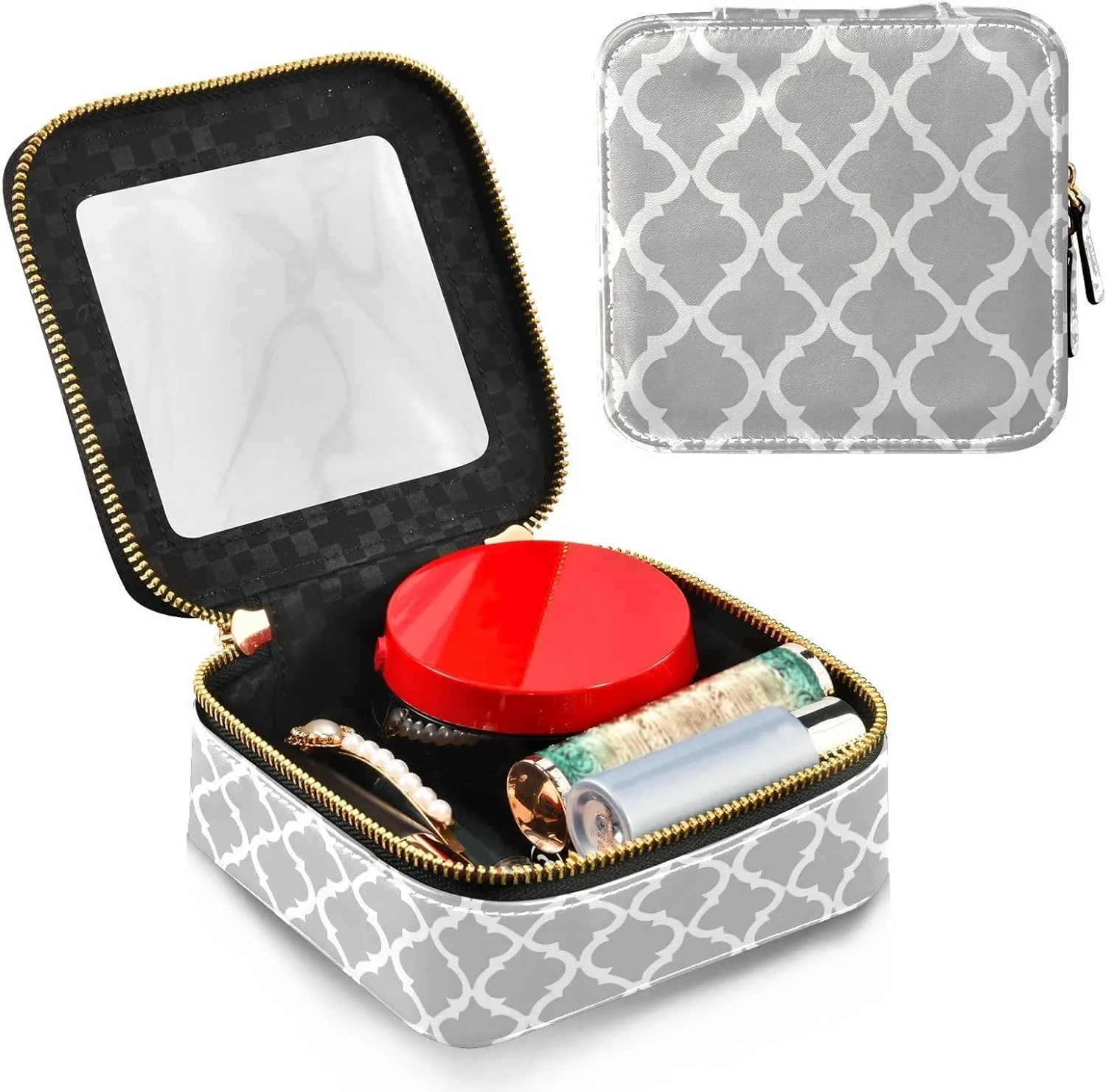 Clear Makeup Bag Small Cosmetic Bags Leather Travel Toiletry Bag with Zipper Mini Waterproof Make Up Brush Pouch Purse Organizer for Women Men Graphic Gray and White