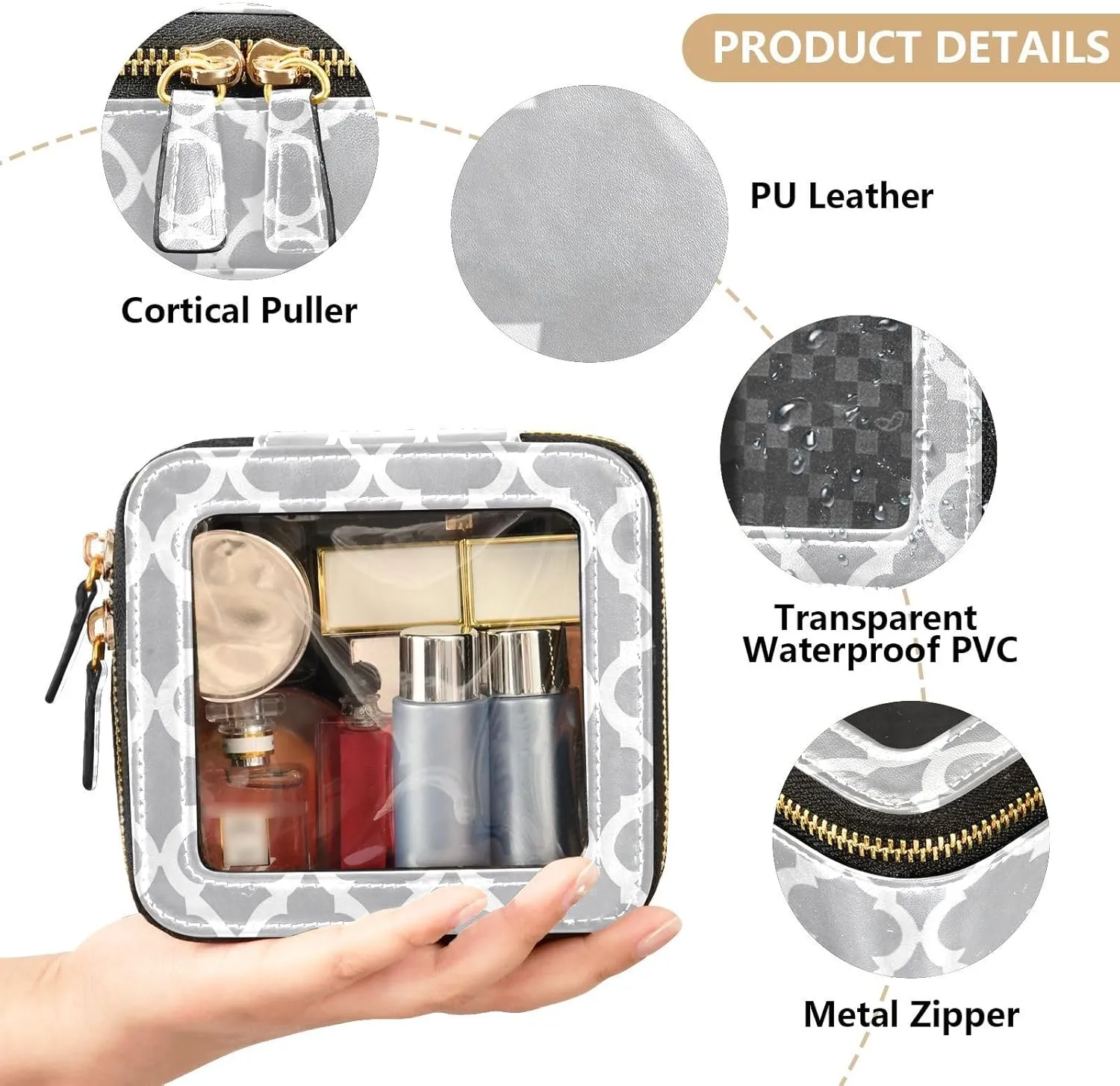 Clear Makeup Bag Small Cosmetic Bags Leather Travel Toiletry Bag with Zipper Mini Waterproof Make Up Brush Pouch Purse Organizer for Women Men Graphic Gray and White
