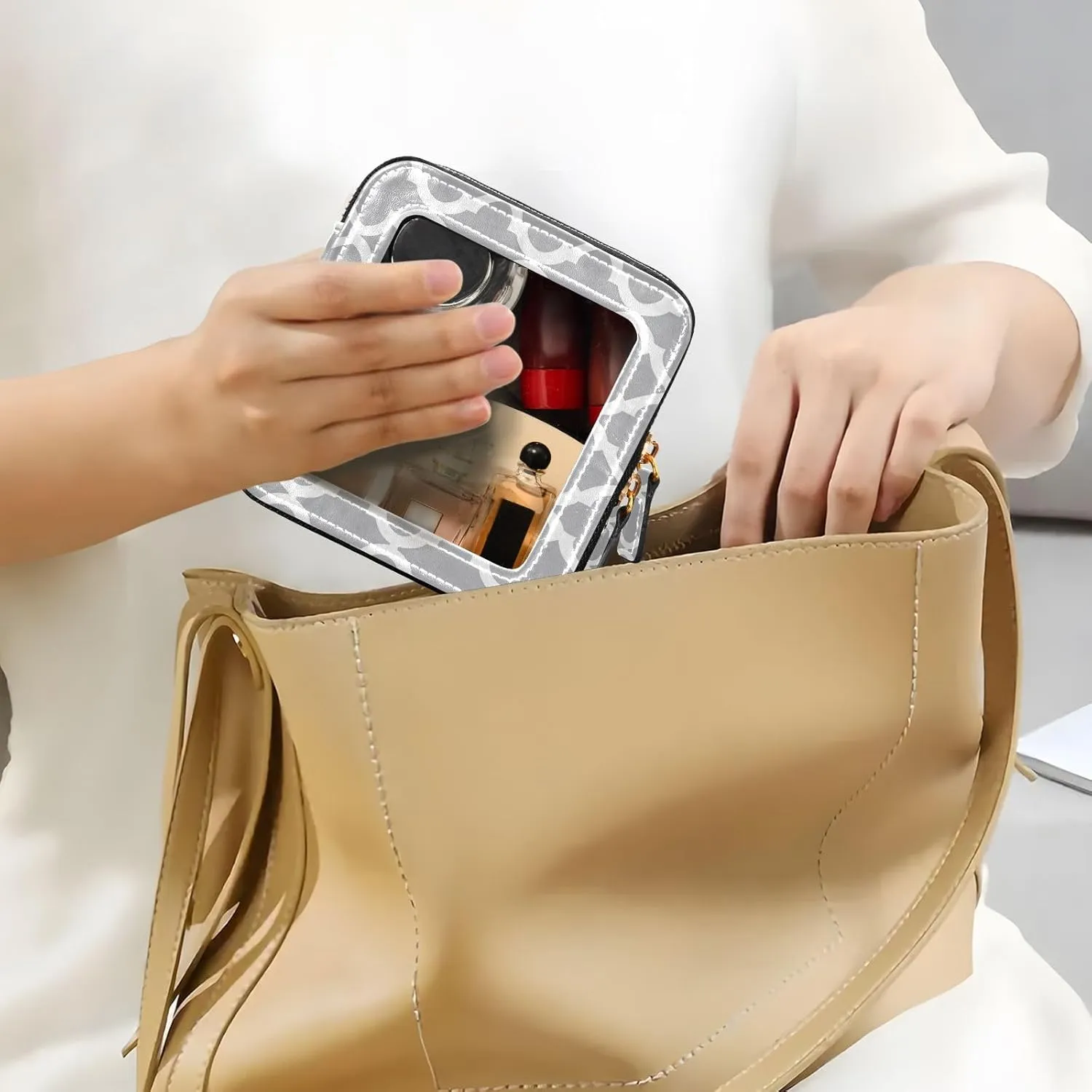 Clear Makeup Bag Small Cosmetic Bags Leather Travel Toiletry Bag with Zipper Mini Waterproof Make Up Brush Pouch Purse Organizer for Women Men Graphic Gray and White