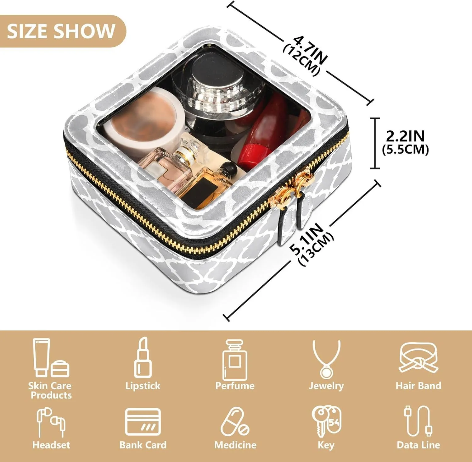 Clear Makeup Bag Small Cosmetic Bags Leather Travel Toiletry Bag with Zipper Mini Waterproof Make Up Brush Pouch Purse Organizer for Women Men Graphic Gray and White