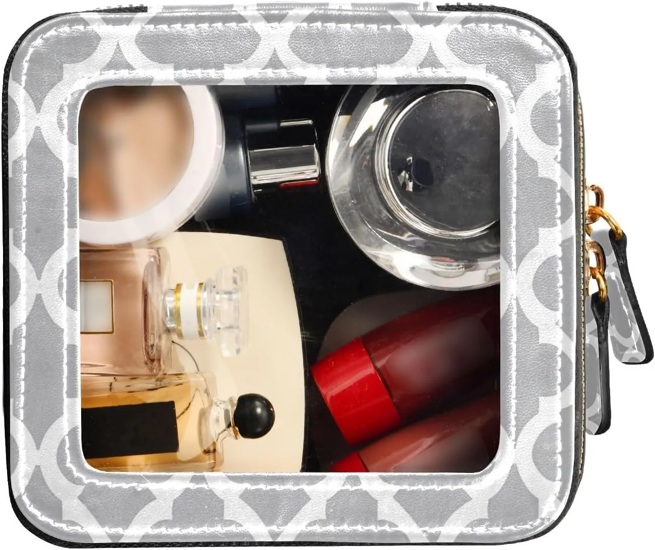 Clear Makeup Bag Small Cosmetic Bags Leather Travel Toiletry Bag with Zipper Mini Waterproof Make Up Brush Pouch Purse Organizer for Women Men Graphic Gray and White