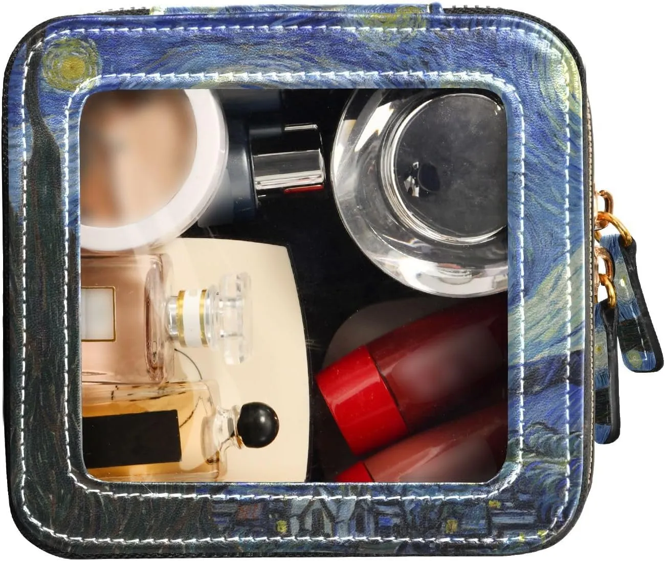 Clear Makeup Bag Small Cosmetic Bags Leather Travel Toiletry Bag with Zipper Mini Waterproof Make Up Brush Pouch Purse Organizer for Women Men Starry Night