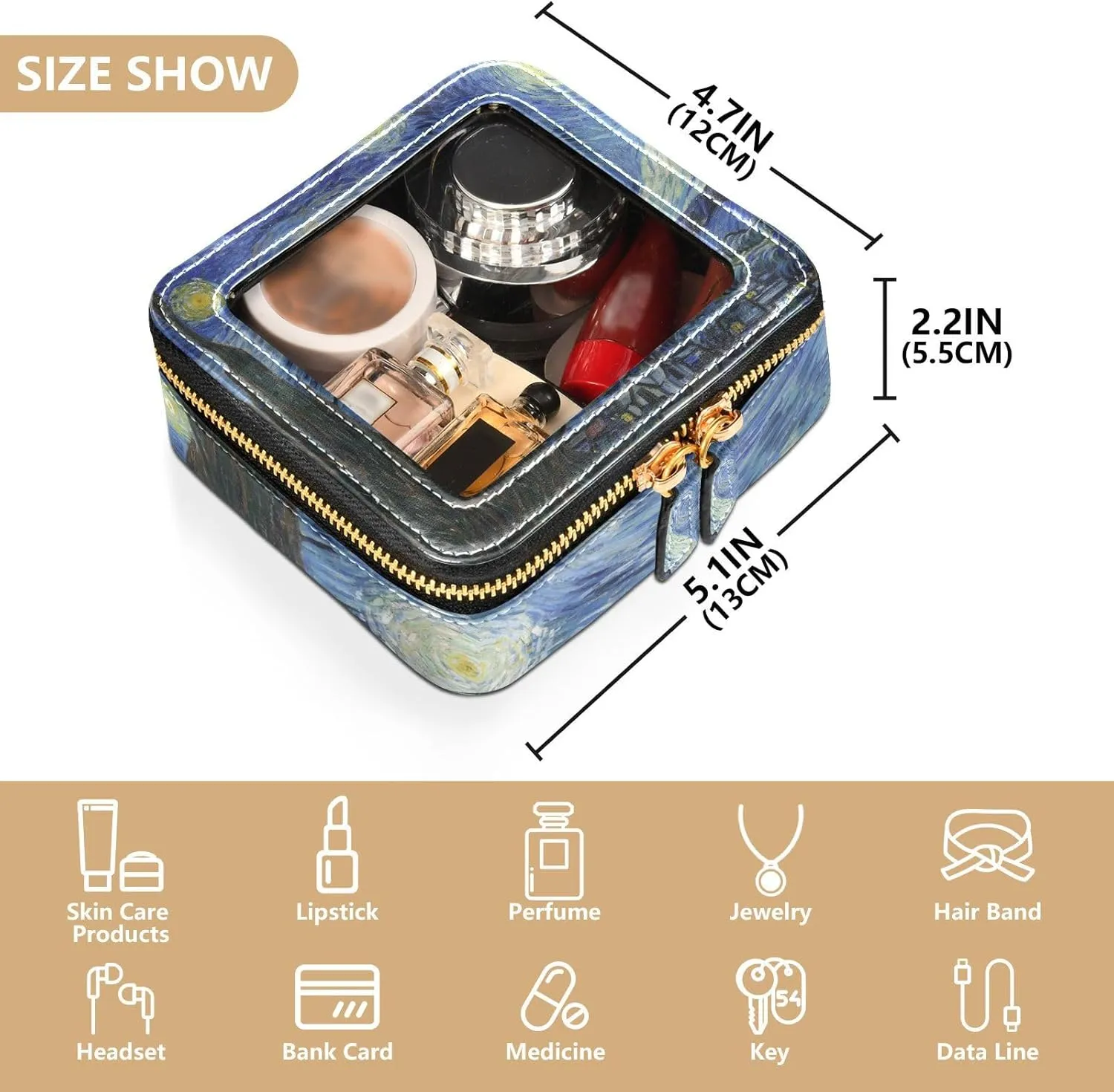 Clear Makeup Bag Small Cosmetic Bags Leather Travel Toiletry Bag with Zipper Mini Waterproof Make Up Brush Pouch Purse Organizer for Women Men Starry Night