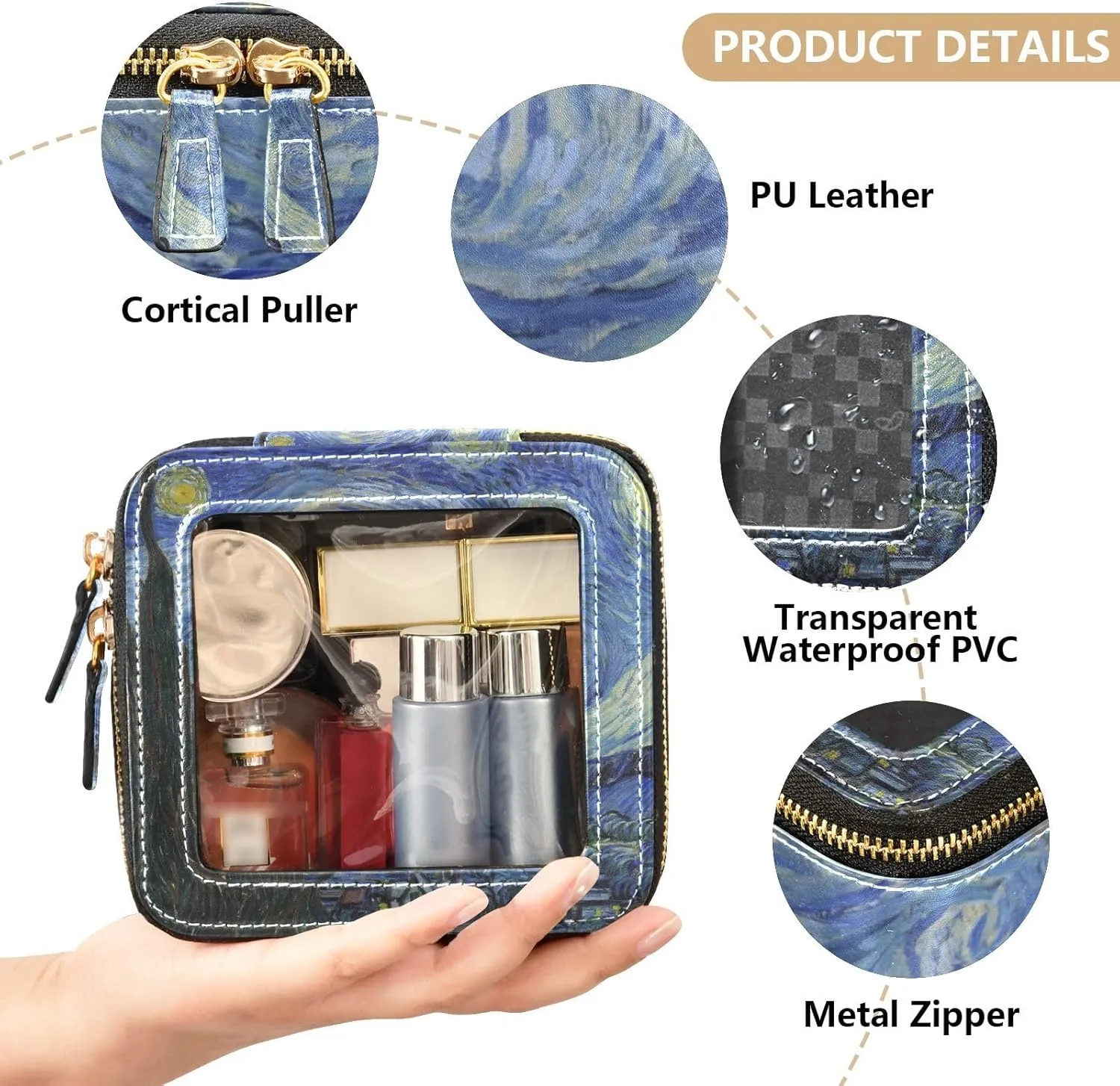 Clear Makeup Bag Small Cosmetic Bags Leather Travel Toiletry Bag with Zipper Mini Waterproof Make Up Brush Pouch Purse Organizer for Women Men Starry Night