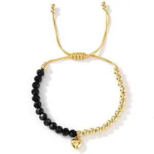 Dainty Heart Gold Plated Beaded Adjustable Bracelet for Women, Handmade Boho Black Red White Beads Statement Trendy Prom Valentine Jewelry Gift
