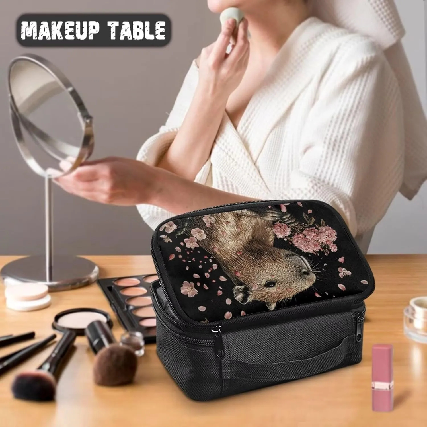 Double-Layer Capybara Makeup Bag Organizer for Women Travel 9.5x3.5x5.5 Inch Compact Cosmetic Case with Brush Slots Mesh Pockets Top Handle Black