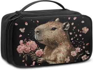 Double-Layer Capybara Makeup Bag Organizer for Women Travel 9.5x3.5x5.5 Inch Compact Cosmetic Case with Brush Slots Mesh Pockets Top Handle Black