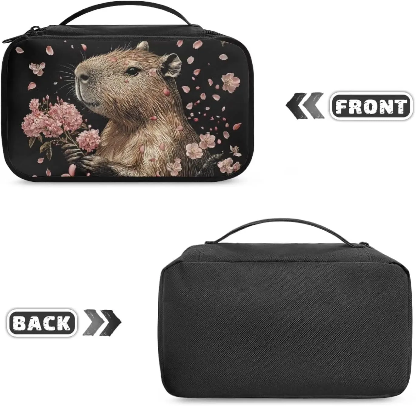 Double-Layer Capybara Makeup Bag Organizer for Women Travel 9.5x3.5x5.5 Inch Compact Cosmetic Case with Brush Slots Mesh Pockets Top Handle Black