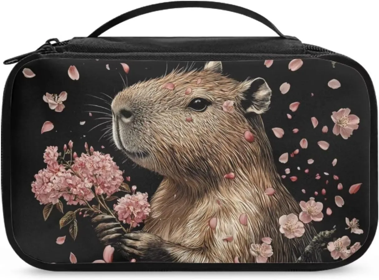 Double-Layer Capybara Makeup Bag Organizer for Women Travel 9.5x3.5x5.5 Inch Compact Cosmetic Case with Brush Slots Mesh Pockets Top Handle Black