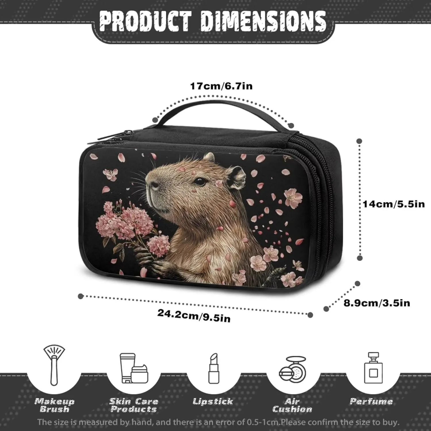 Double-Layer Capybara Makeup Bag Organizer for Women Travel 9.5x3.5x5.5 Inch Compact Cosmetic Case with Brush Slots Mesh Pockets Top Handle Black