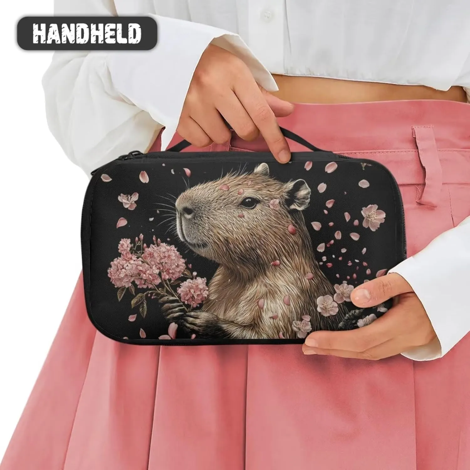 Double-Layer Capybara Makeup Bag Organizer for Women Travel 9.5x3.5x5.5 Inch Compact Cosmetic Case with Brush Slots Mesh Pockets Top Handle Black