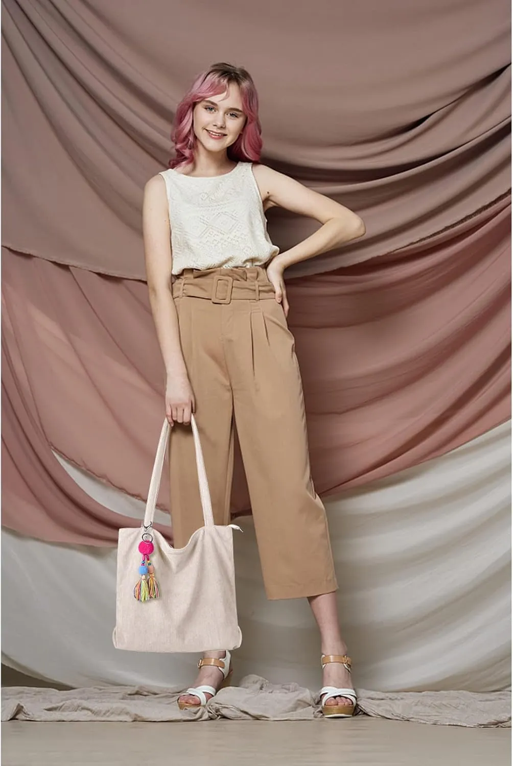 FITDON Corduroy Totes Bag with Zip, Shoulder Bags Handbags Women's Hobos Large Capacity Shopping Bag with Inner Pocket