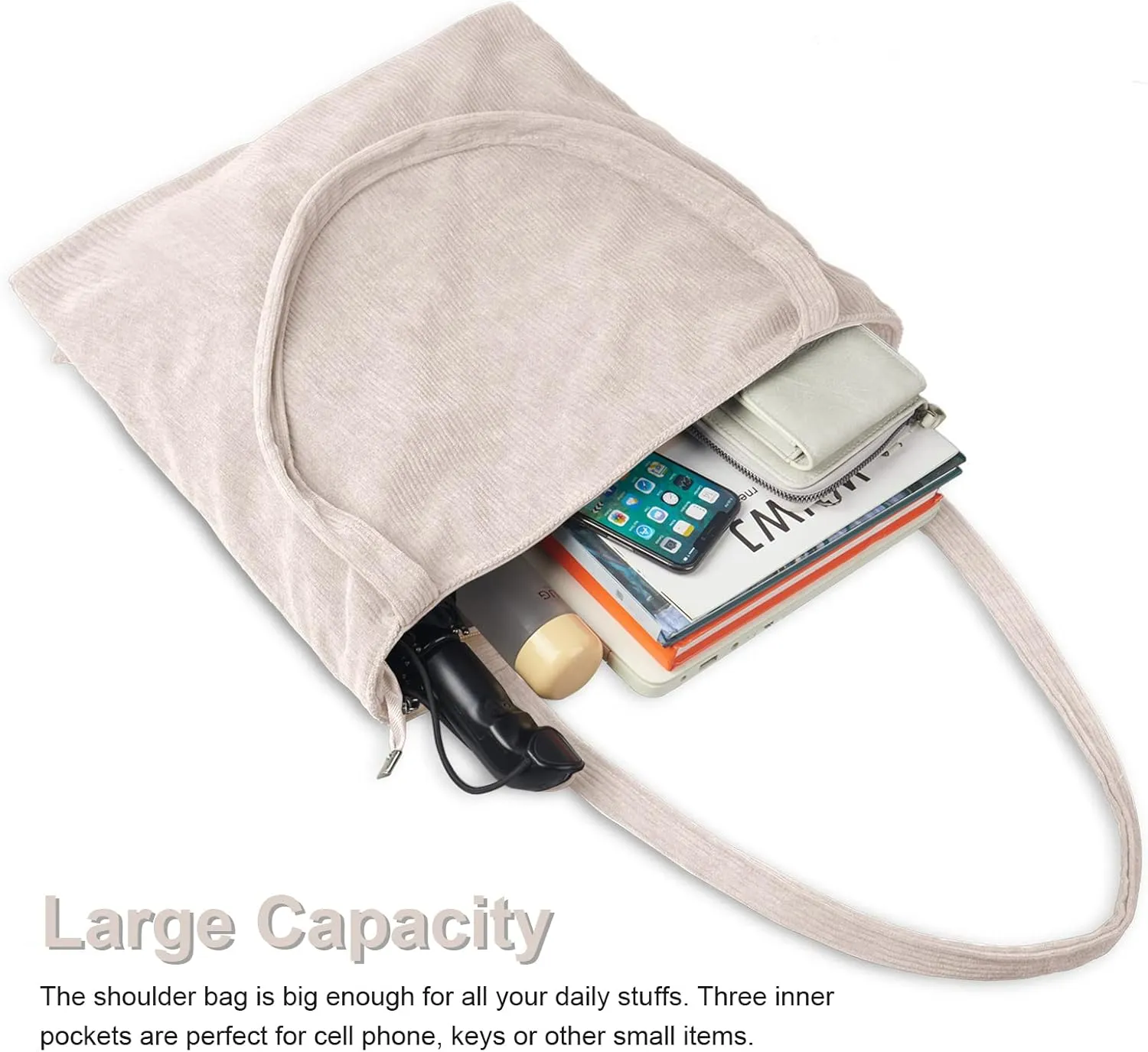 FITDON Corduroy Totes Bag with Zip, Shoulder Bags Handbags Women's Hobos Large Capacity Shopping Bag with Inner Pocket