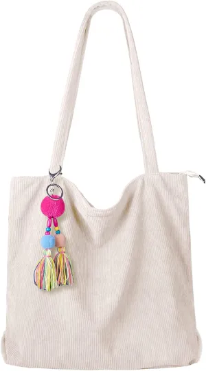FITDON Corduroy Totes Bag with Zip, Shoulder Bags Handbags Women's Hobos Large Capacity Shopping Bag with Inner Pocket