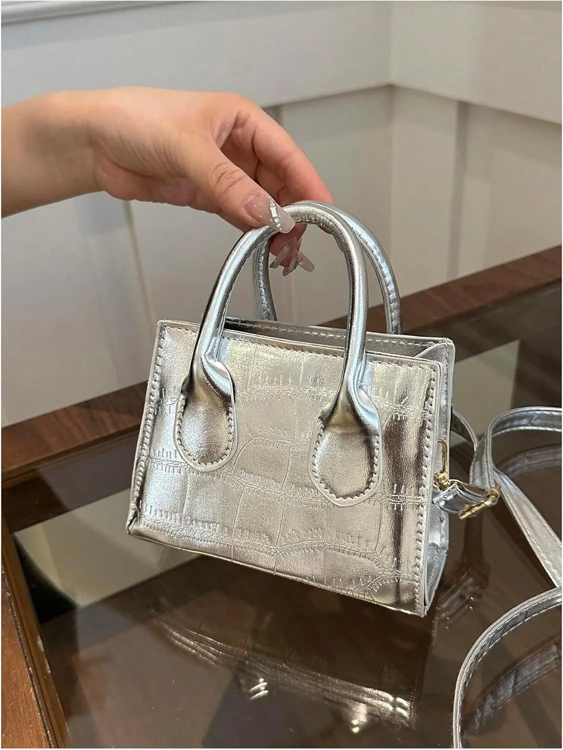 GORGLITTER Women's Small Crossbody Bag Mini Purse Metallic Crocodile Print Double Handle Satchel Shoulder Bag Purse