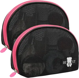 Half Moon Cosmetic Bag, 2pcs Mesh Makeup Bag, Black Cosmetic Bags with Pink Zipper, Portable Travel Bag for Travel, Gift for Girls, Daughter, Girlfriend(Black)