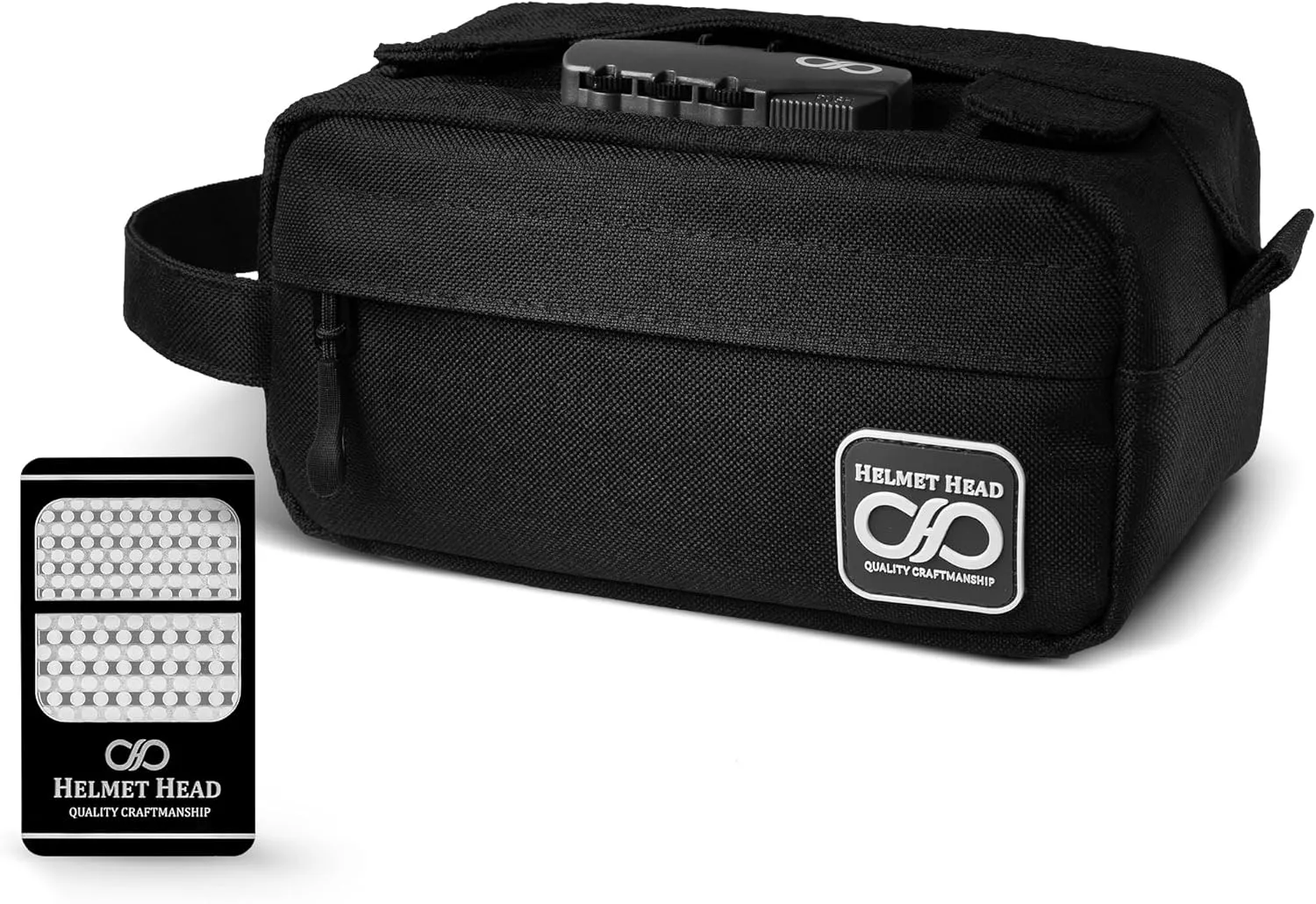 HELMET HEAD Smell Proof Bag, Water Repellent Stash Box, Compact Travel Bag with Combination Lock and Grinder Card for Your Mason Jars, Mylar Bags and Herbs (Black)