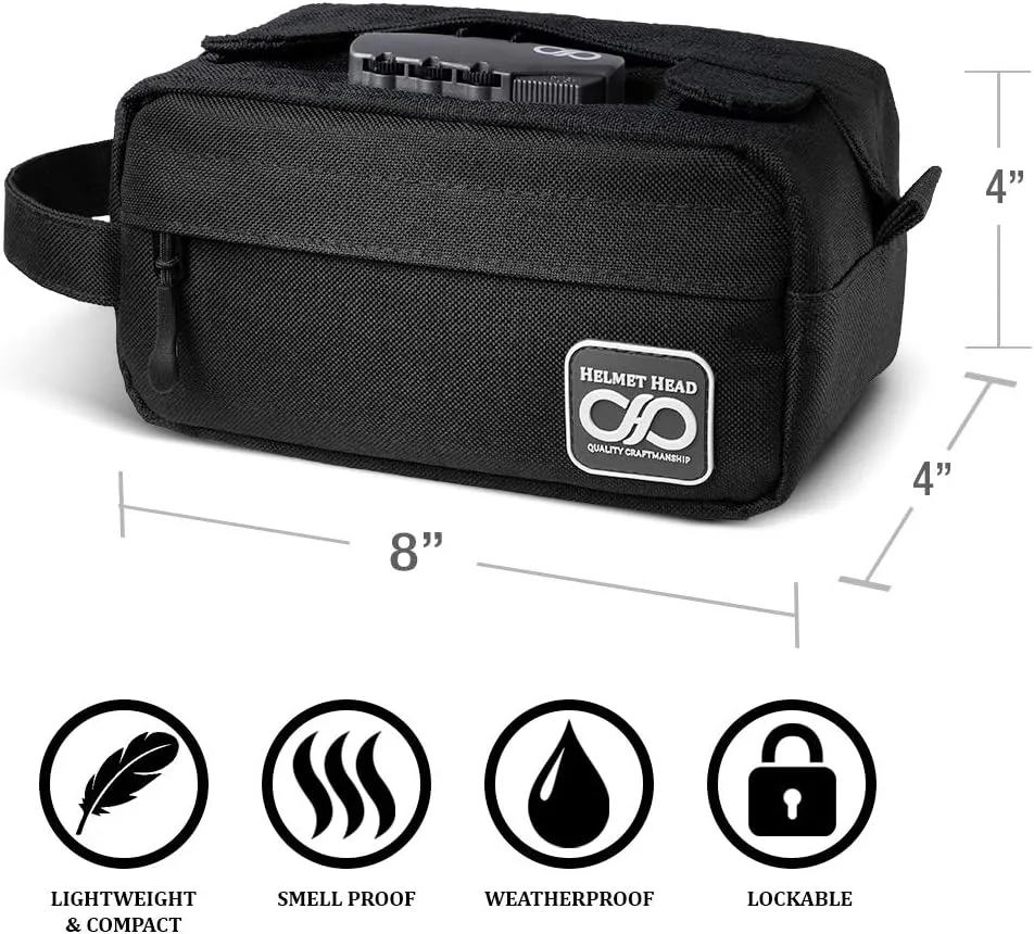 HELMET HEAD Smell Proof Bag, Water Repellent Stash Box, Compact Travel Bag with Combination Lock and Grinder Card for Your Mason Jars, Mylar Bags and Herbs (Black)