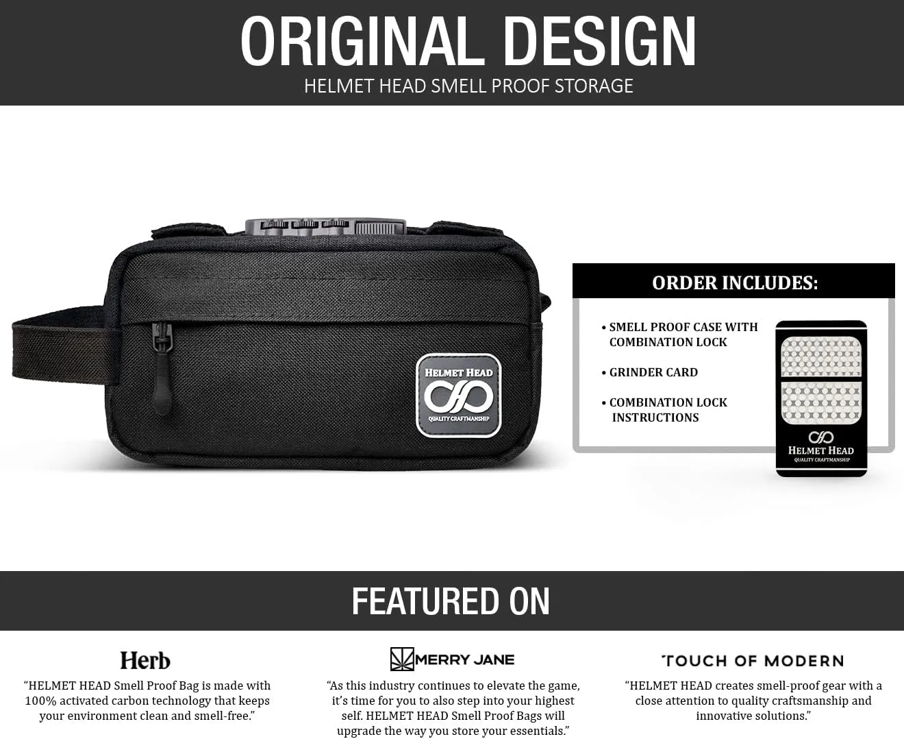 HELMET HEAD Smell Proof Bag, Water Repellent Stash Box, Compact Travel Bag with Combination Lock and Grinder Card for Your Mason Jars, Mylar Bags and Herbs (Black)