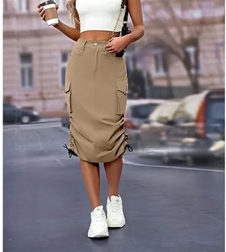 High Waisted Button Style Women's Casual Denim Half Skirt with Multiple Pockets