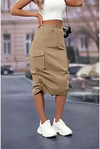 High Waisted Button Style Women's Casual Denim Half Skirt with Multiple Pockets