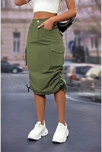 High Waisted Button Style Women's Casual Denim Half Skirt with Multiple Pockets