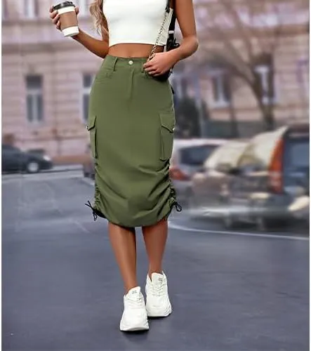 High Waisted Button Style Women's Casual Denim Half Skirt with Multiple Pockets
