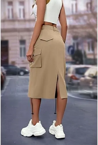 High Waisted Button Style Women's Casual Denim Half Skirt with Multiple Pockets