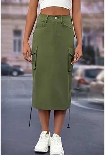 High Waisted Button Style Women's Casual Denim Half Skirt with Multiple Pockets
