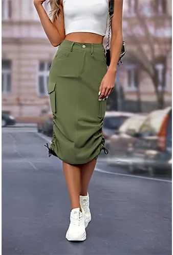 High Waisted Button Style Women's Casual Denim Half Skirt with Multiple Pockets
