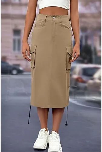 High Waisted Button Style Women's Casual Denim Half Skirt with Multiple Pockets
