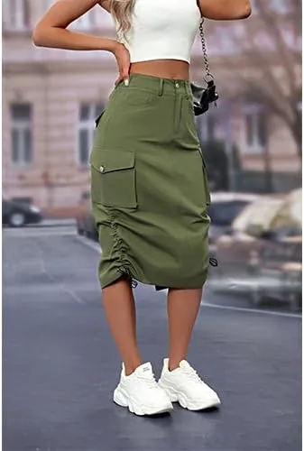 High Waisted Button Style Women's Casual Denim Half Skirt with Multiple Pockets