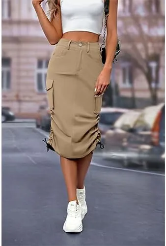 High Waisted Button Style Women's Casual Denim Half Skirt with Multiple Pockets
