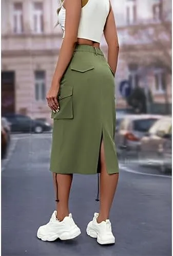 High Waisted Button Style Women's Casual Denim Half Skirt with Multiple Pockets
