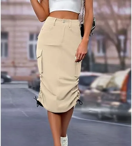 High Waisted Button Style Women's Casual Denim Half Skirt with Multiple Pockets
