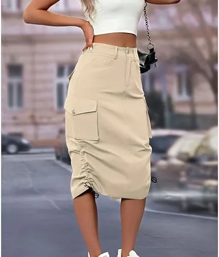 High Waisted Button Style Women's Casual Denim Half Skirt with Multiple Pockets