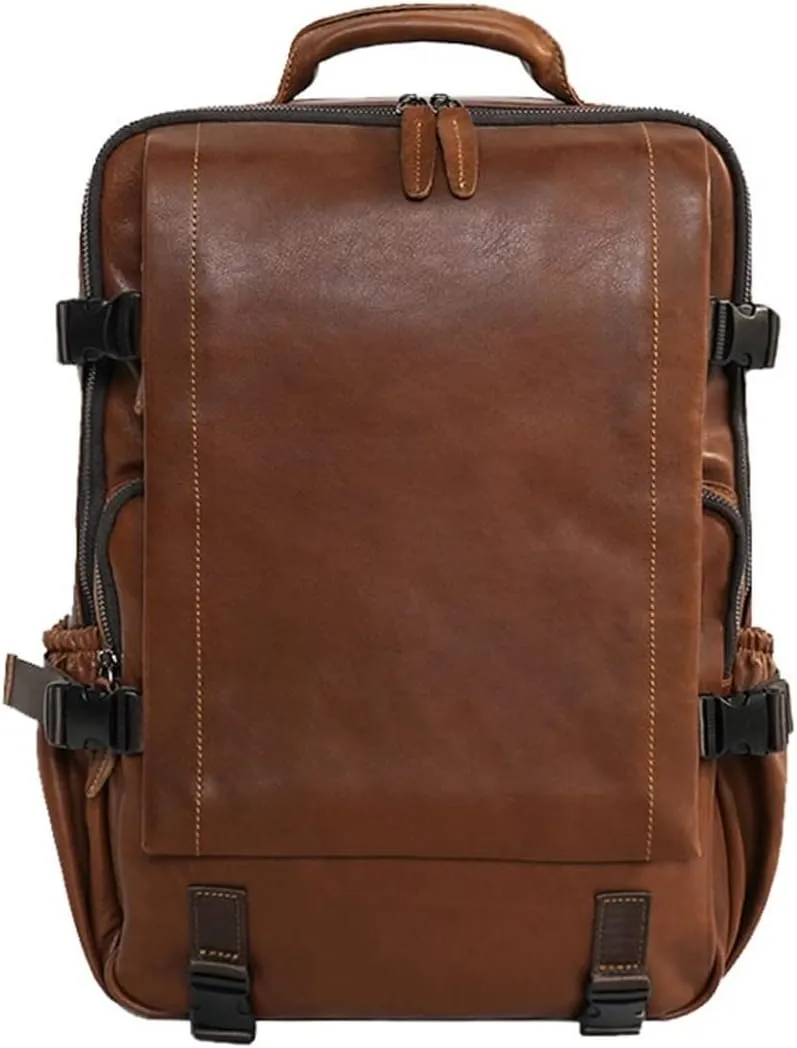 Hiking Daypacks Laptop Bags Cowhide Backpacks Mens Leather Casual Daypack Business Briefcases Travel Bags (Brown)